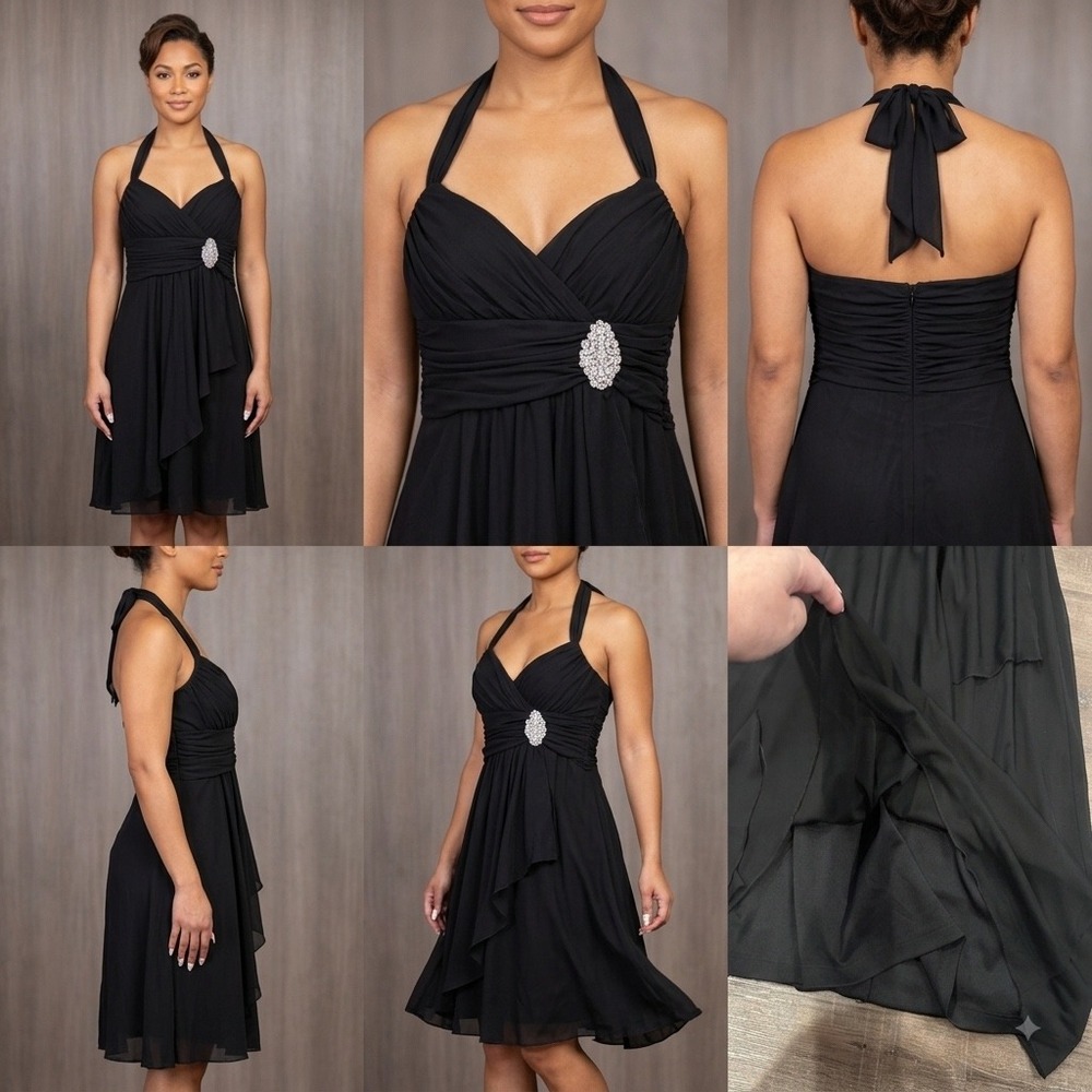 Vintage Y2K A. Byer Black Halter Dress M Rhinestone Brooch Ruched Whimsigoth